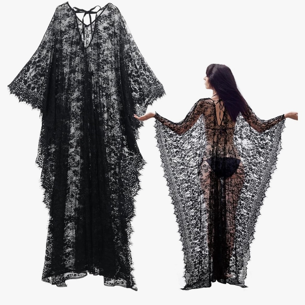 Sheer Sexy Black Floral Lace Dress Gothic Goth Maxi Lingerie Nightgown New